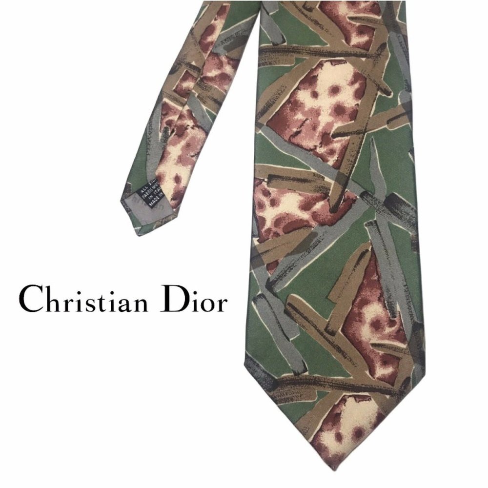 Christian Dior Monsieur Men's 100% Silk Necktie Made‎ Italy Sage Green Mauve Tan